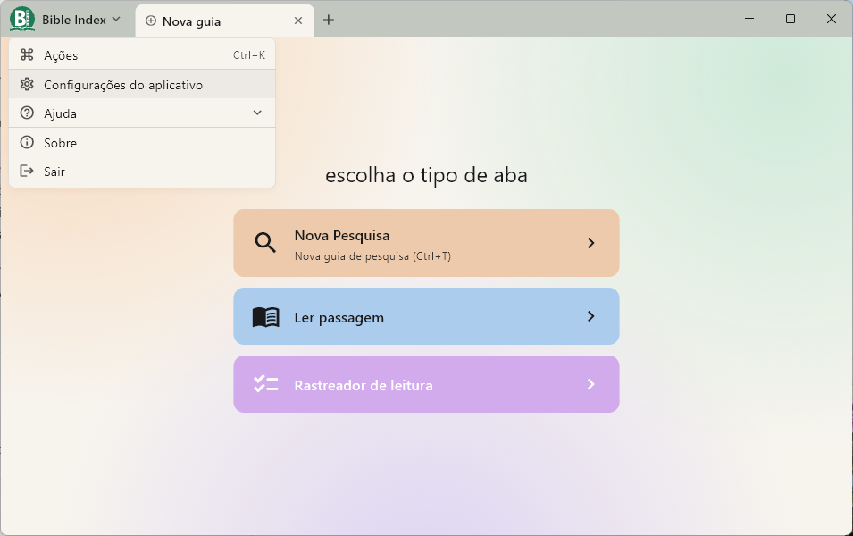 Bible Index menu, Application settings