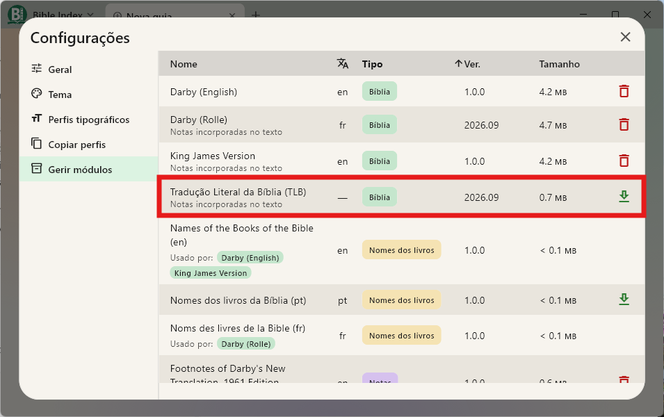 Manage modules, Tradução Literal da Bíblia row and the download button